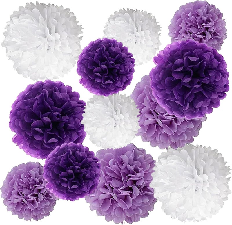 ZOOYOO Purple White Lavender Paper Pom Poms for Women Girl Birthday Party Anniversary Engagement Bridal Shower Ceiling Hanging Tissue Flowers Decorations 12PCS - Image 1